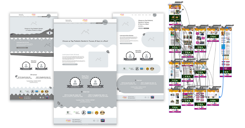 several black and white wireframe concepts for the home page