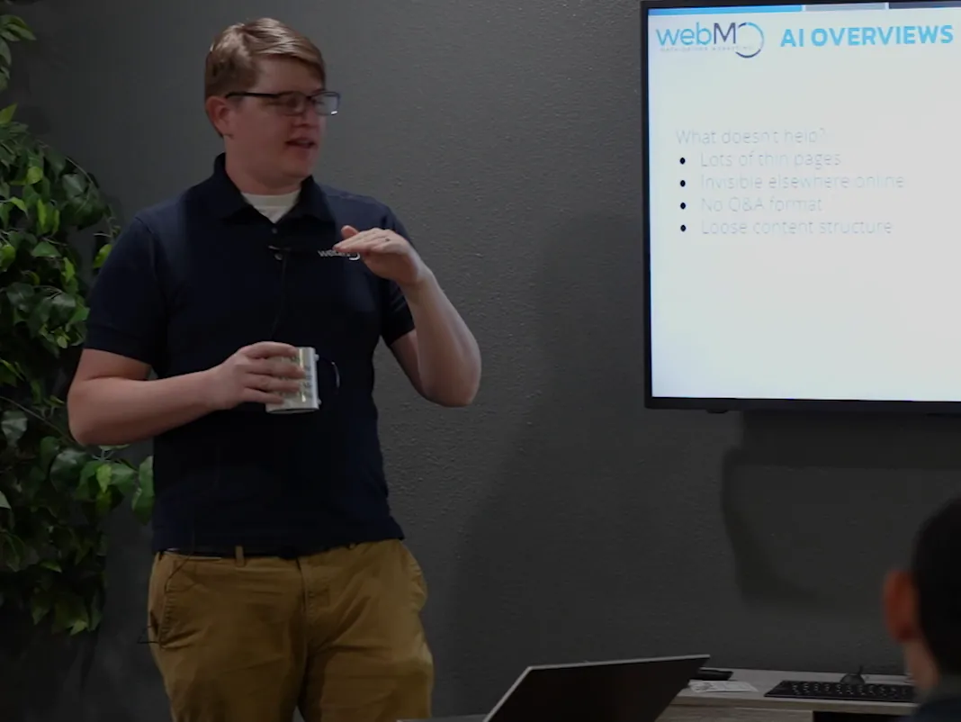 A WebMO strategist presenting account findings to a room